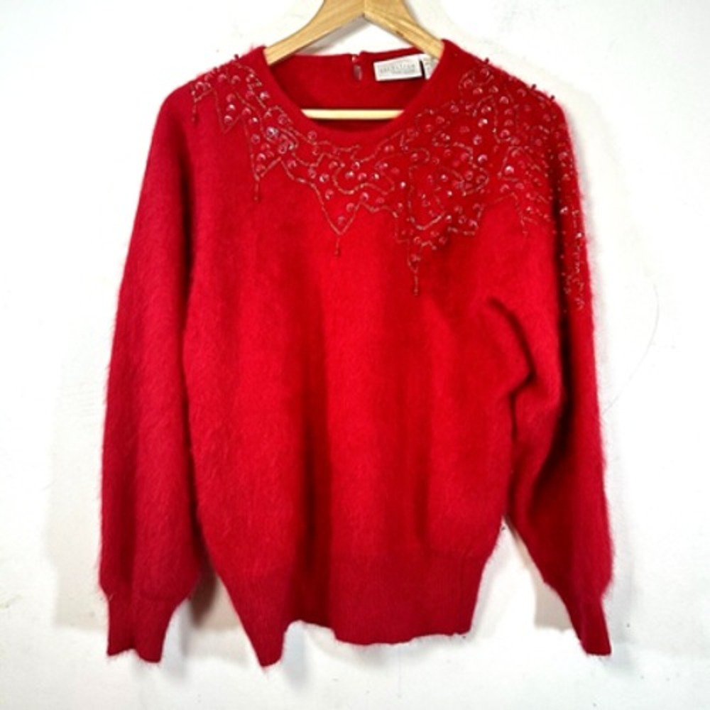 Vintage Nordstroms Red Angora Beaded Sweater Christmas Holiday Woman's Medium‎